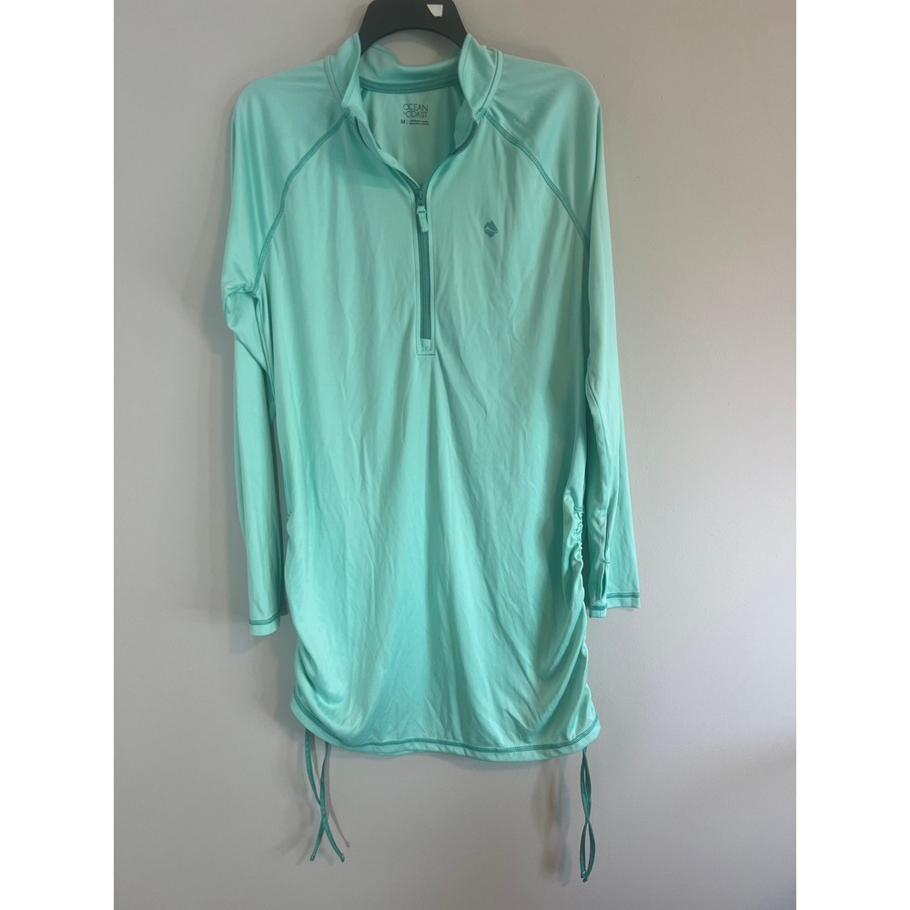 Ocean + Coast Women Mint Green Quarter Zip Ruched Rash Guard Cover Up Medium